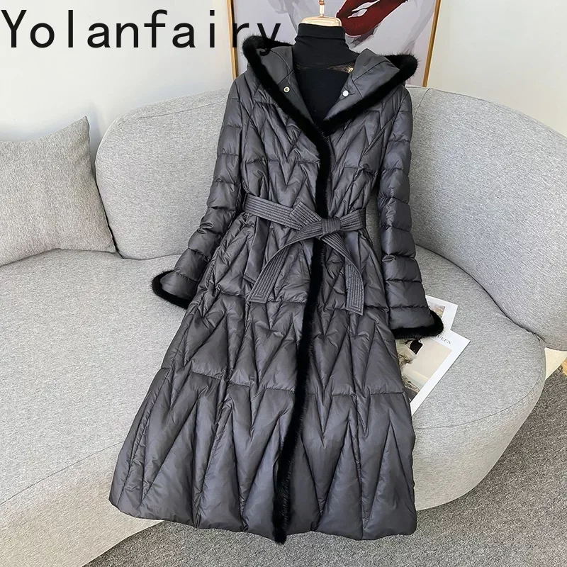 90% White Goose Down Jacket Warm Down Coat Women Winter Long Down Coats Hooded Puffer Jacket Mink Fur Collar Doudoune Femme SGG