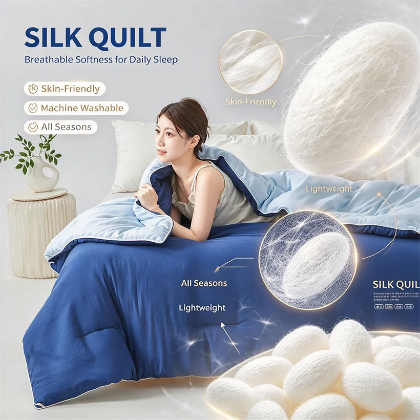 Natural Long-strand Silk Quilt 100% Mulberry Silk Quilts with Cotton Cover Luxury Soft Duvet for All Season Temperature Control