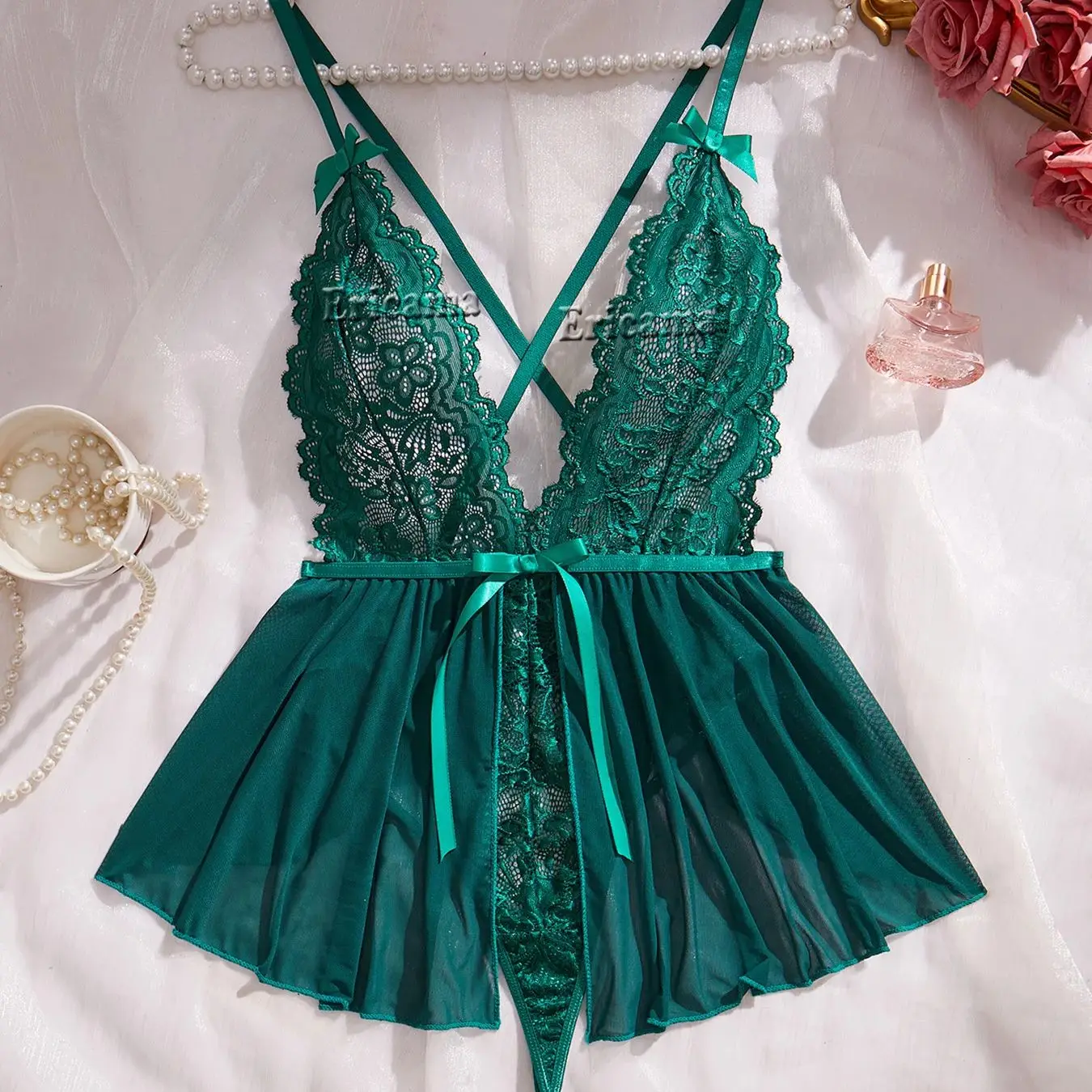 

Women's Transparent Sexy Lace Up Spliced Strap Jumpsuit Slim Fit Erotic Lingerie Bodysuit Shapewear Hollow Out Backless Playsuit
