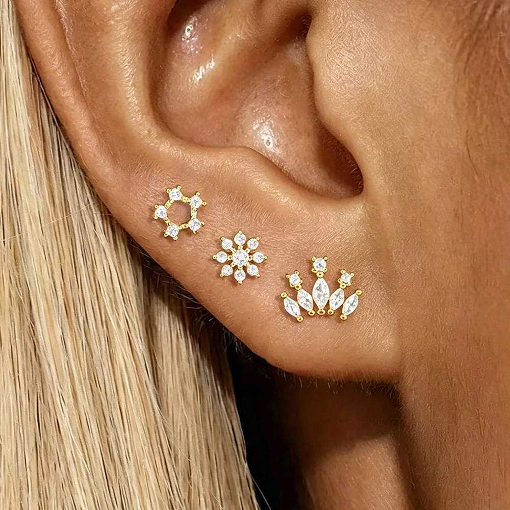 3er-Set Einfache Hypoallergene Zirkon-Kristall Mini-Blumen-Herz Ohrstecker für Damen Funkelnder Piercing-Partyschmuck Geschenk