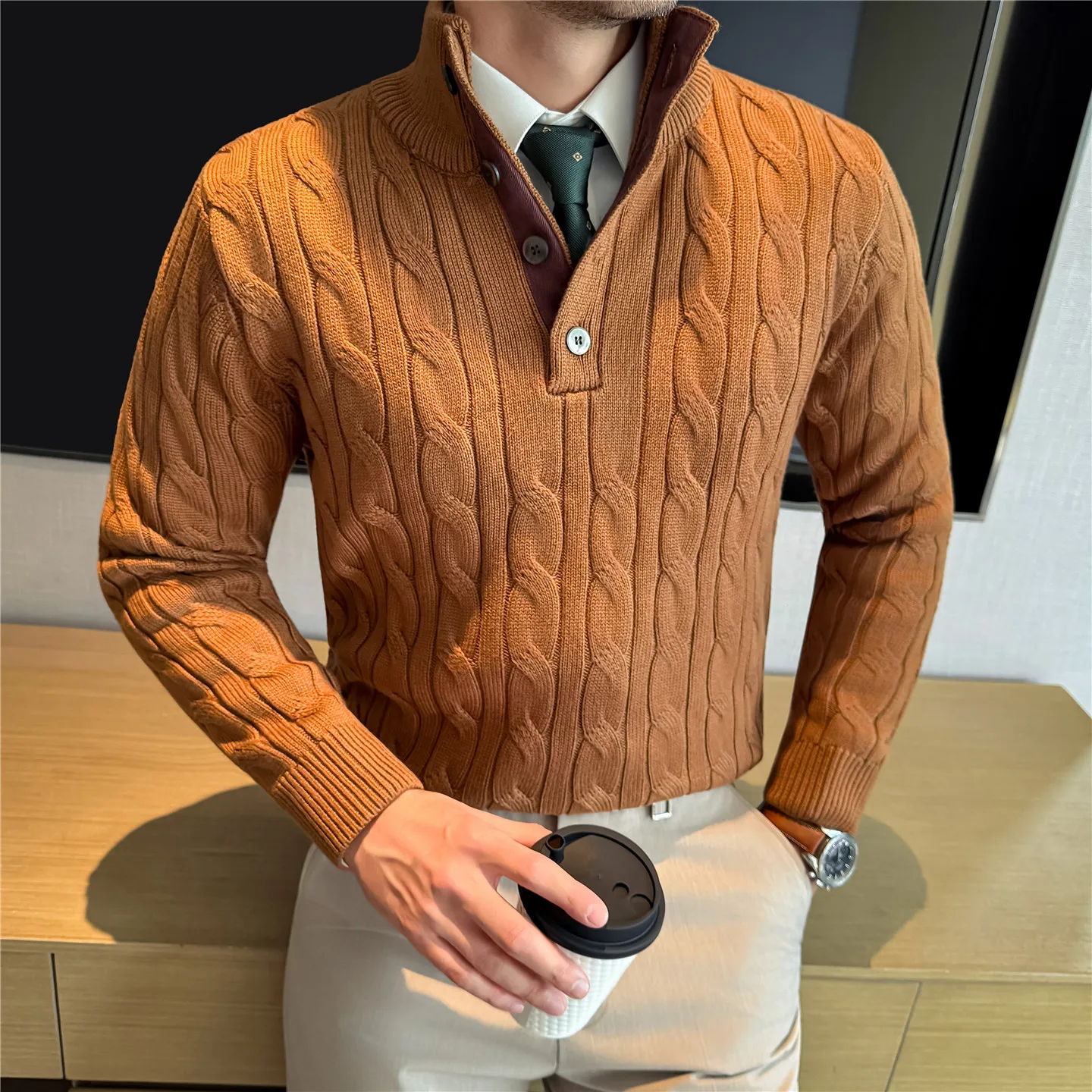 سترة محبوكة بياقة بولو للرجال، تصميم أزرار الصدفة، مزيج صوف عالي الجودة، نمط المال القديم