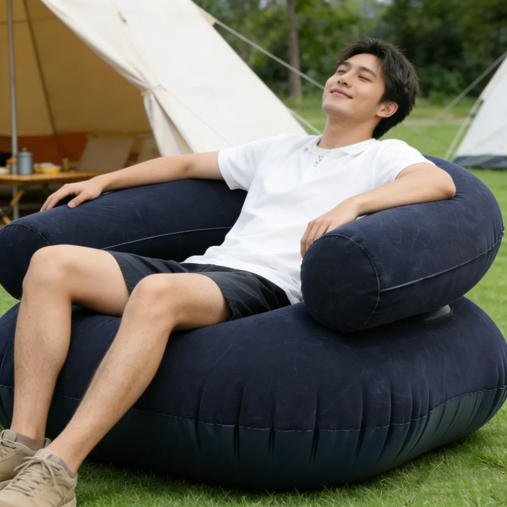 Inflatable Single Person Lazy Sofa U-Shaped Flocking with Armrests And Backrest Portable Outdoor Leisure Bean Bag Chair image 3