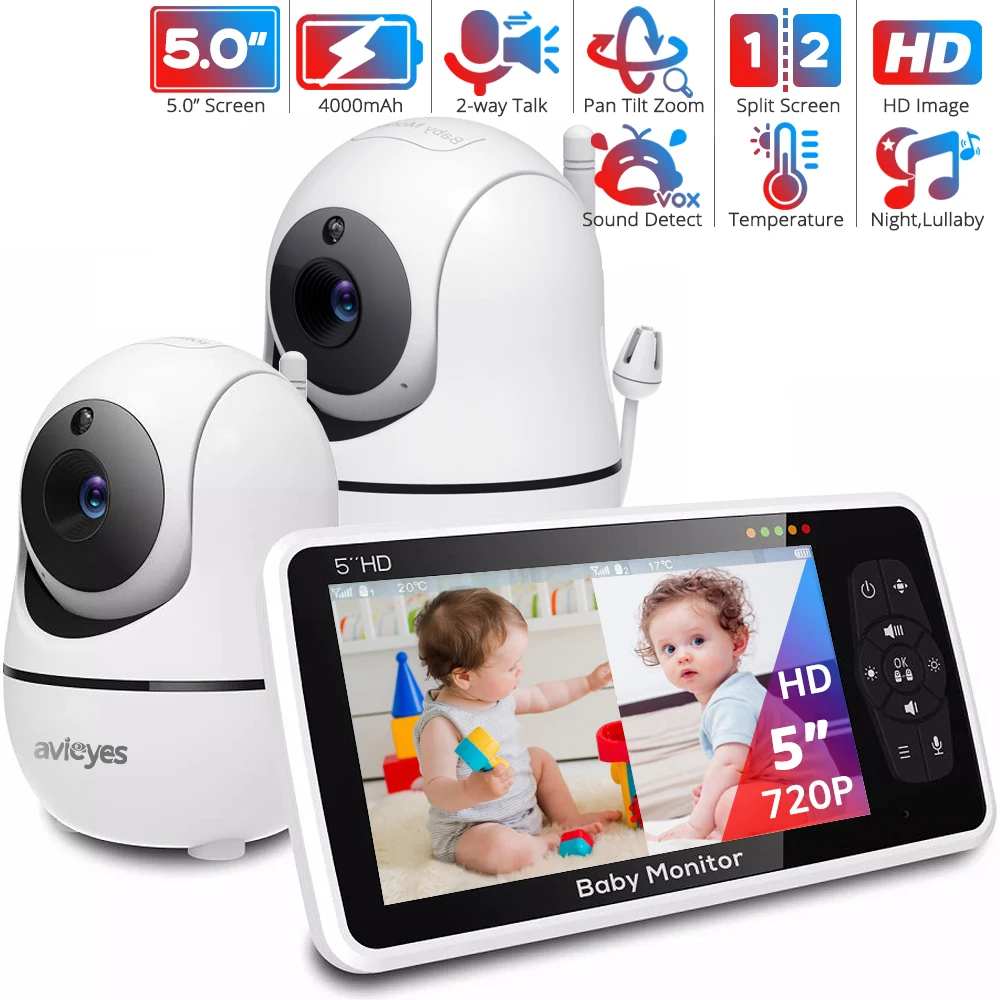 

5'' HD Baby Monitor with 2 Cameras Pan-Tilt-Zoom Baby Phone Two-Way Audio Baby Camera Night Vision Nanny Monitor 22 Hour Battery