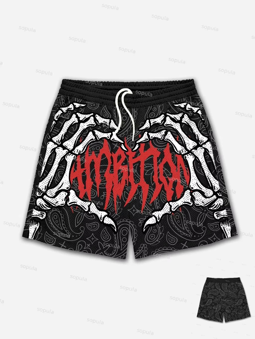 Shorts amples respirants pour le basketball et la gym, motif crâne et fleur de cajou, collection 2026 Ambition, style Y2K