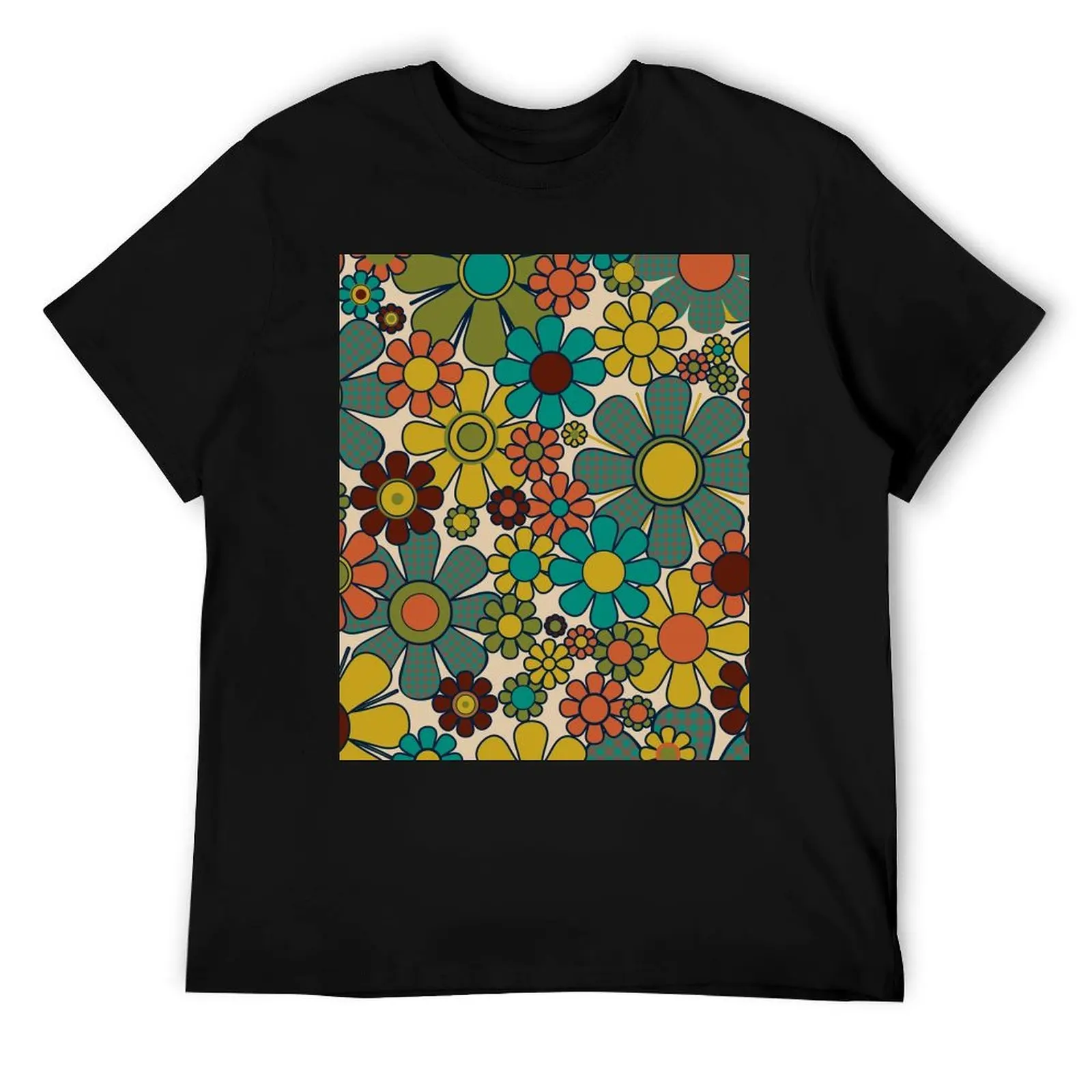 

Retro Garden Gingham Flowers 70s Floral Pattern 2 in Mid Century Modern Olive Mustard Teal Orange T-Shirt