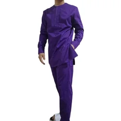 Traje de algodón para hombre, conjunto de camisa y pantalón a juego, color morado sólido, Tops y pantalones, ropa de ocasión africana para Festival