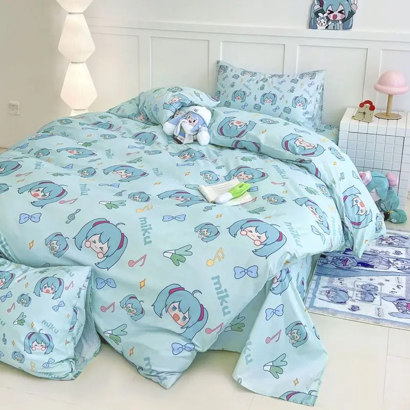 

New Miku 4-Piece All Cotton Bedding Set For Girls, Cute Cartoon Anime Bed Sheets, Students Dorm Bed Set Pillowcases Duvet Cover