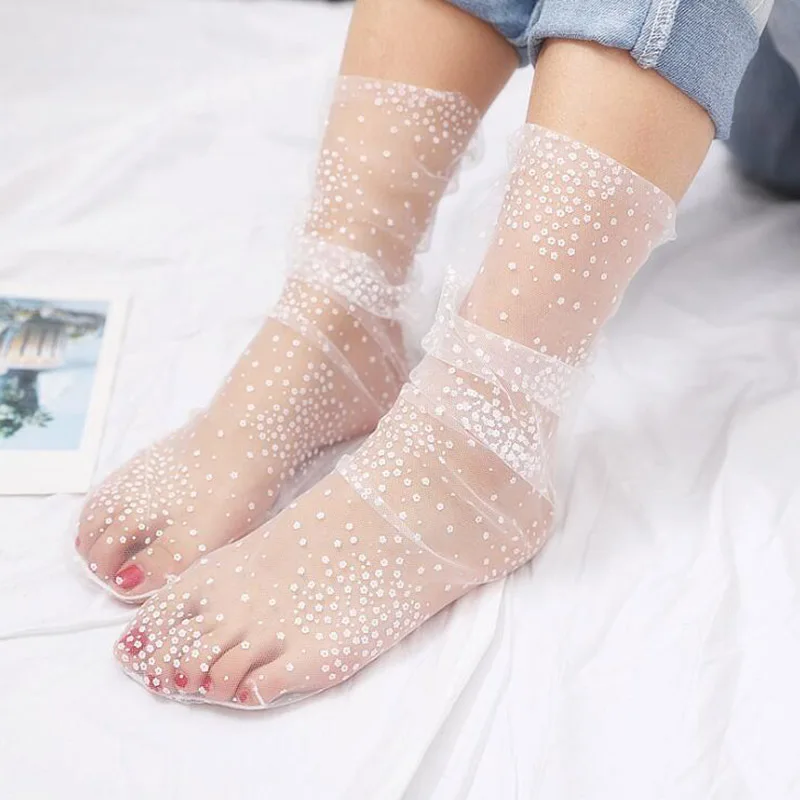 Calcetines largos de malla transparente con lunares para mujer, medias finas de encaje, de tul, hasta el tobillo, ropa de calle