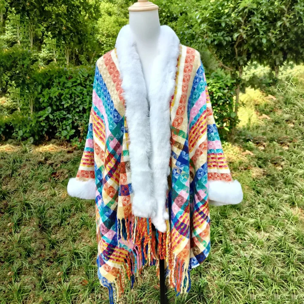 

Зимняя теплая шаль с воротником из искусственного меха в этническом стиле, полосатое монгольское пончо, имитация кашемира, плюшевые вязаные накидки