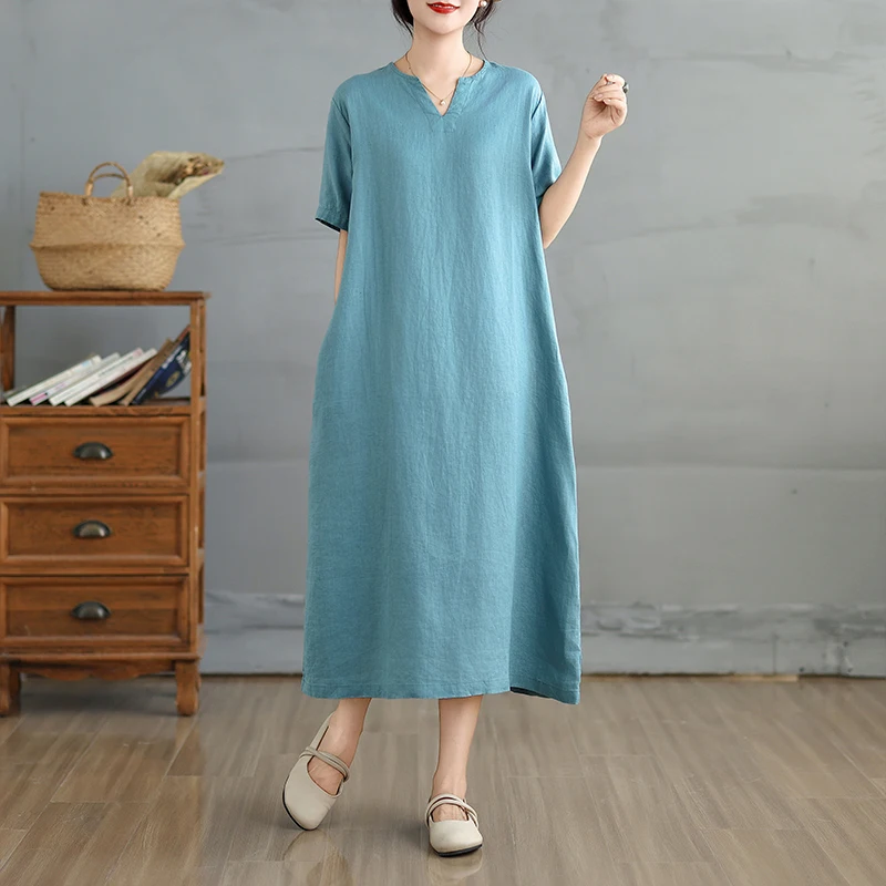 

Retro Soft Cotton Linen Dr Women's Artistic Robe ort Sve Knee-Length Summer Dr Casual Commute Sle Loose Fit