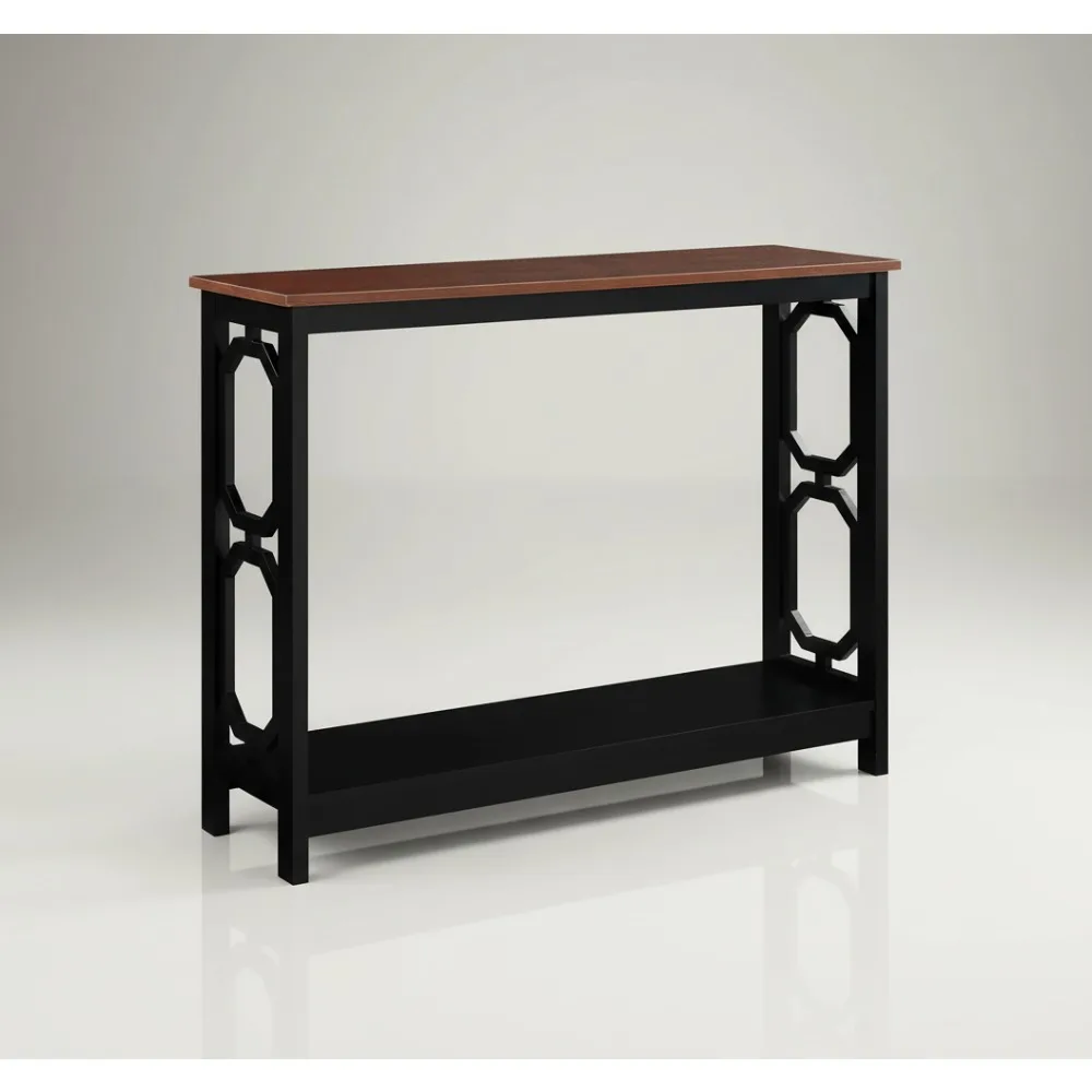 Modern Console Table with 2 Shelves, Cherry Finish & Black Frame - Entryway Furniture for Living Room