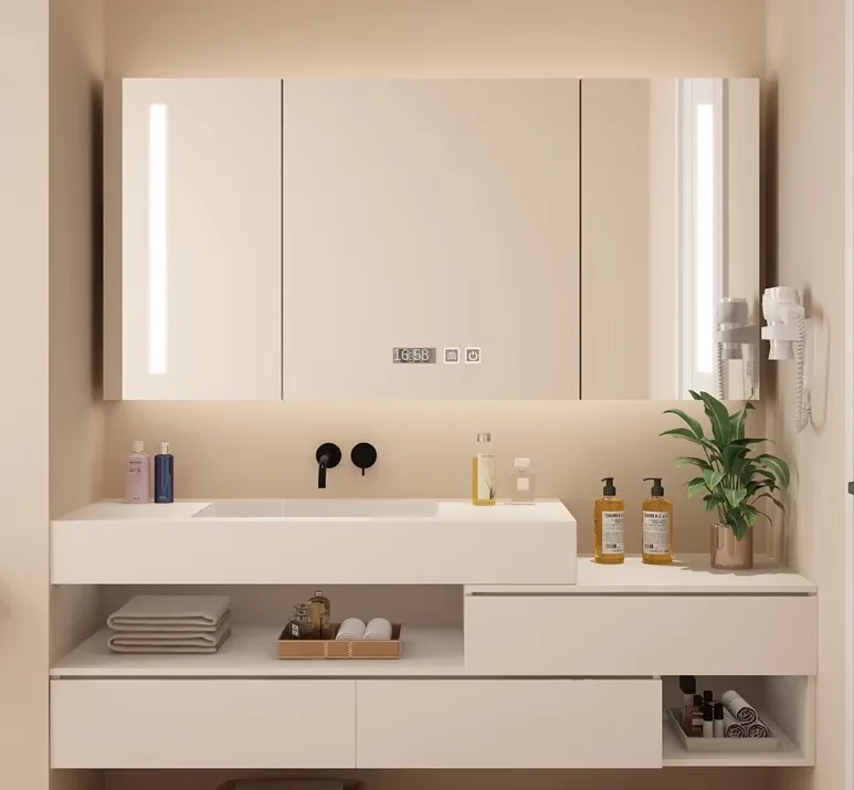 *&q  Luxury Cream Eco-Friendly Water Resistant Plywood Wall-mounted Bathroom Cabinet Mirror Faucet Seamless All-in-One Basin