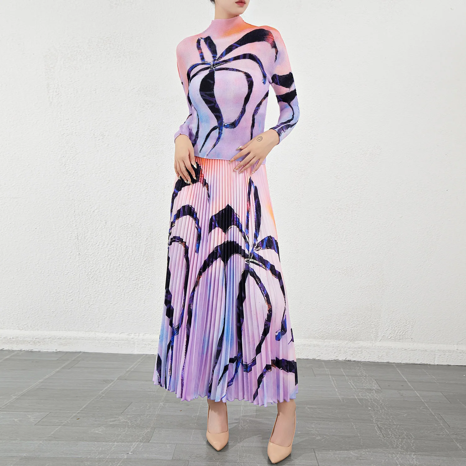 

European Station New Fashion Casual Set Decoration Body Temperament Pleated Long Sleeve Print Top High Waist Pleated Skirt Set