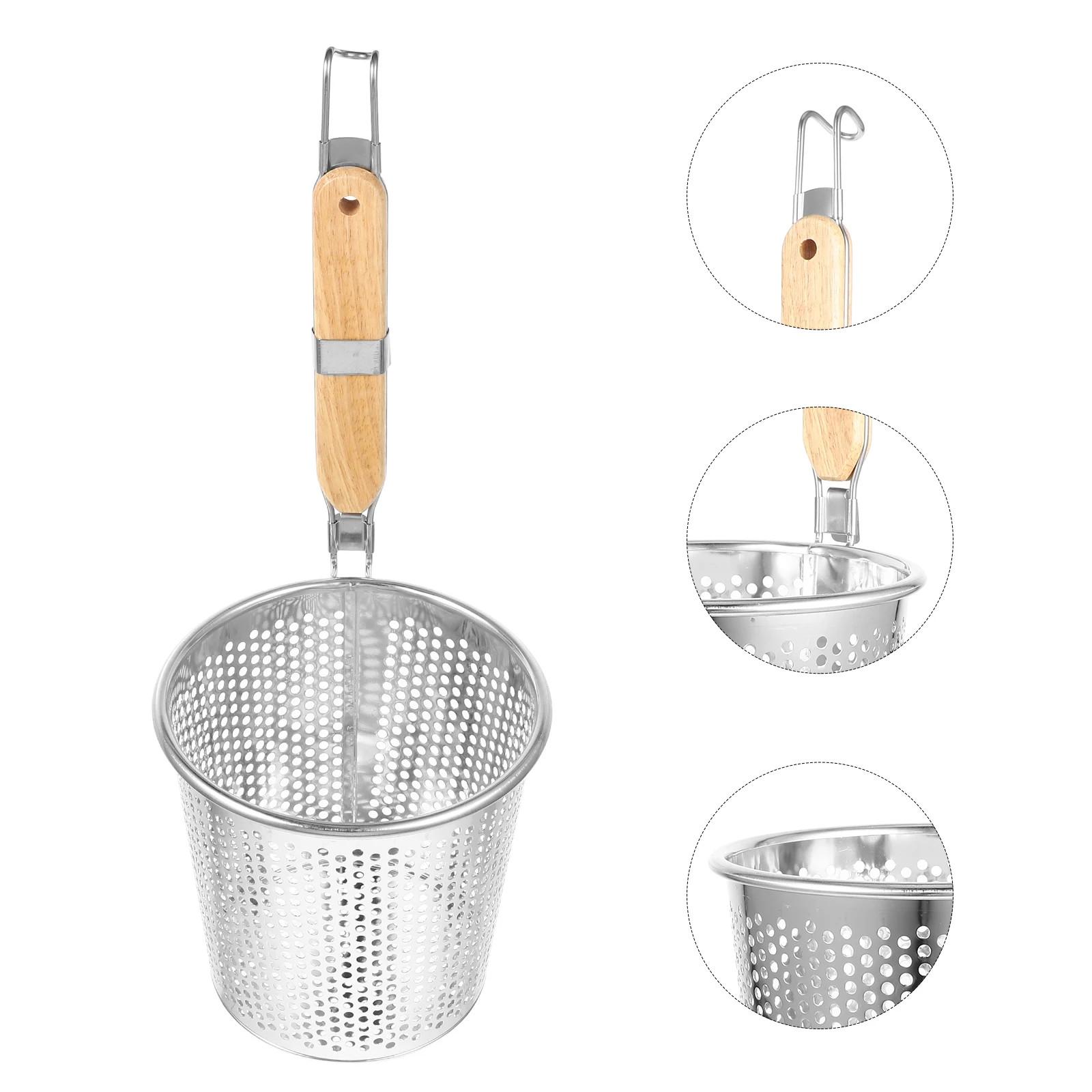 16Cm Stainless Steel Strainer Basket Food Grade Corrosion Resistant Fine Mesh Kitchen Spider For Pasta Noodle Dumpling Wood