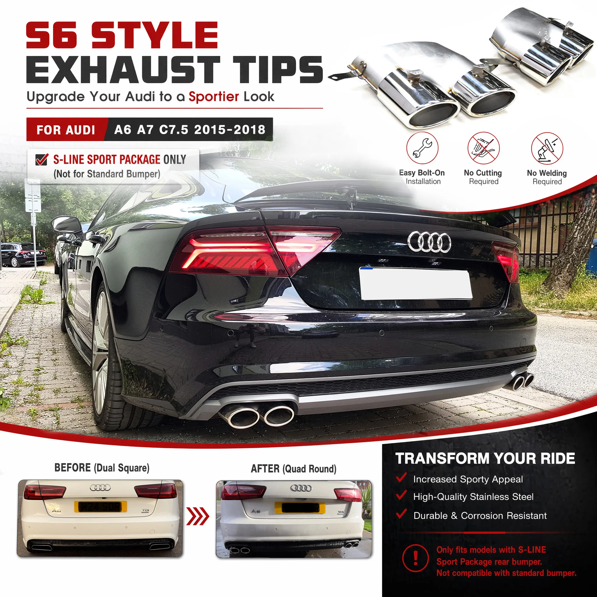 S6 Style Quad Exhaust Pipe Tail Tips For Audi A6 A7 C7 C7.5 4G Facelift 2015-2018 S-Line Bumper Rectangular To Round Muffler Tip