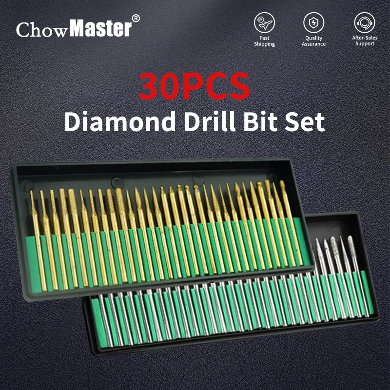 

Chowmaster 2.3/3mm Shank 30PCS Set Diamond Granding Head Rotary Burrs for Dremel Electric Grinder Abrasive Tools