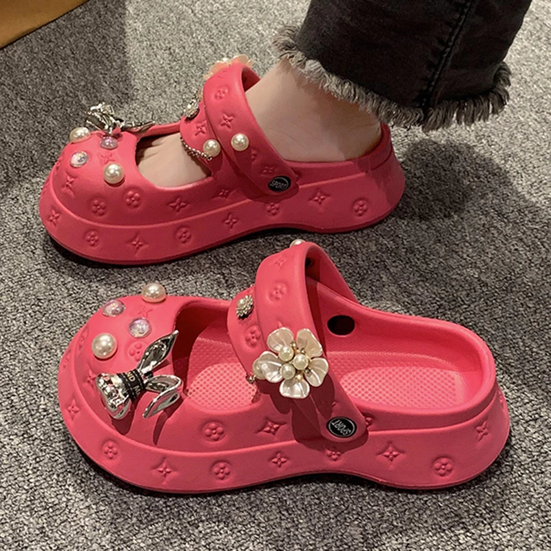 Women Summer Slippers EVA Platform Sandals Shine Pearl And Rabbit Decoration Beach Slides Flip Flop Soft Casual Shoe For Female