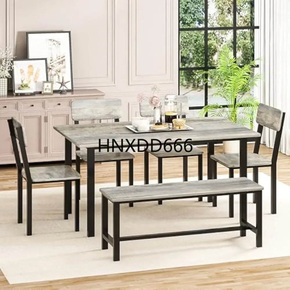 Dining Table Set for 6, Modern Kitchen Table Set with Chairs and Bench,6-Piece Dining Room Table Set with Metal Frame