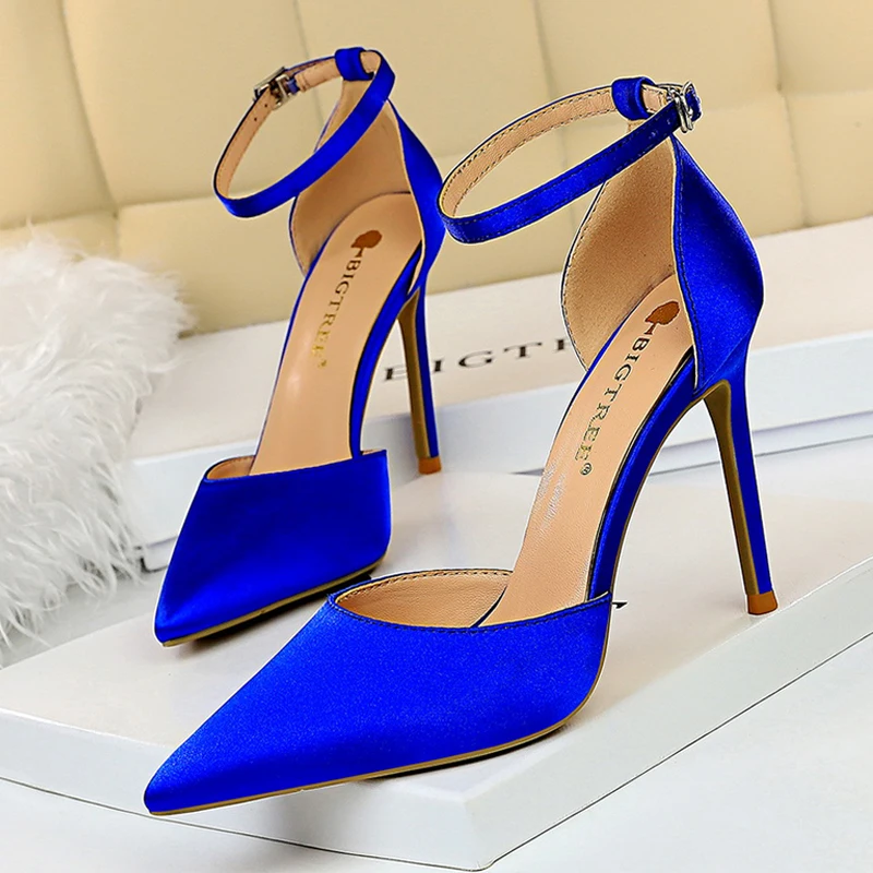 BIGTREE Shoes Satin With Shallow Pointed Women Pumps Buckle High Heels Female Shoes Stiletto Heels Sandals Sexy Party Shoes