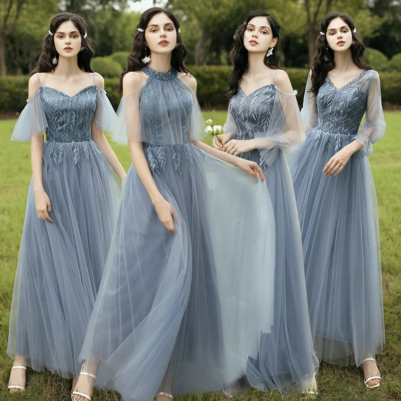 6 Styles Blue Long Bridesmaid Dresses Navy Coffee Prom Tulle Applique Lace Floor Length Gown Women Wedding Graduation Vestidos