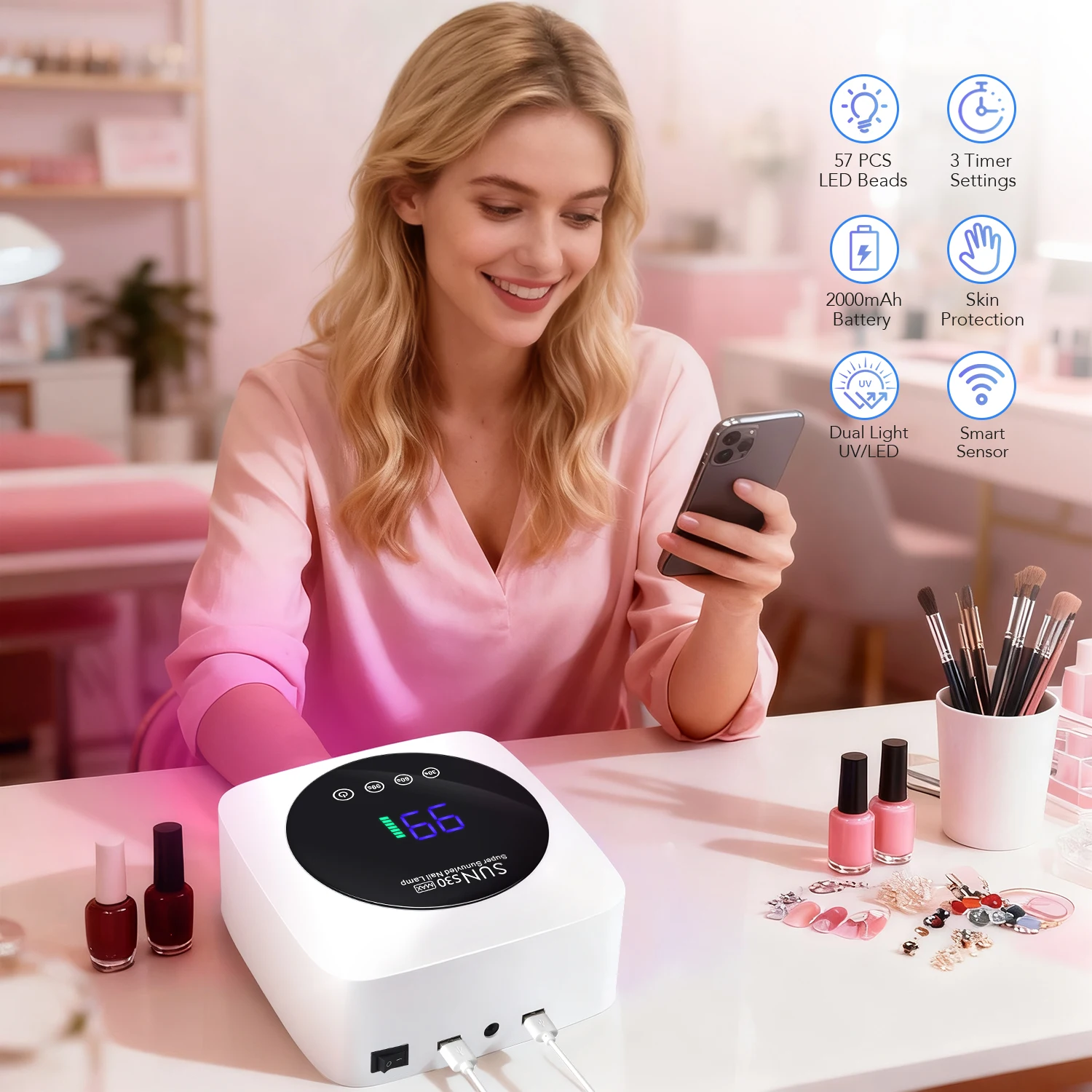 充電式ネイルドライヤー 57 LED ネイルランプ UV ジェルネイルポリッシュ硬化ネイルランプ スマートセンサー付きマニキュアサロンツール