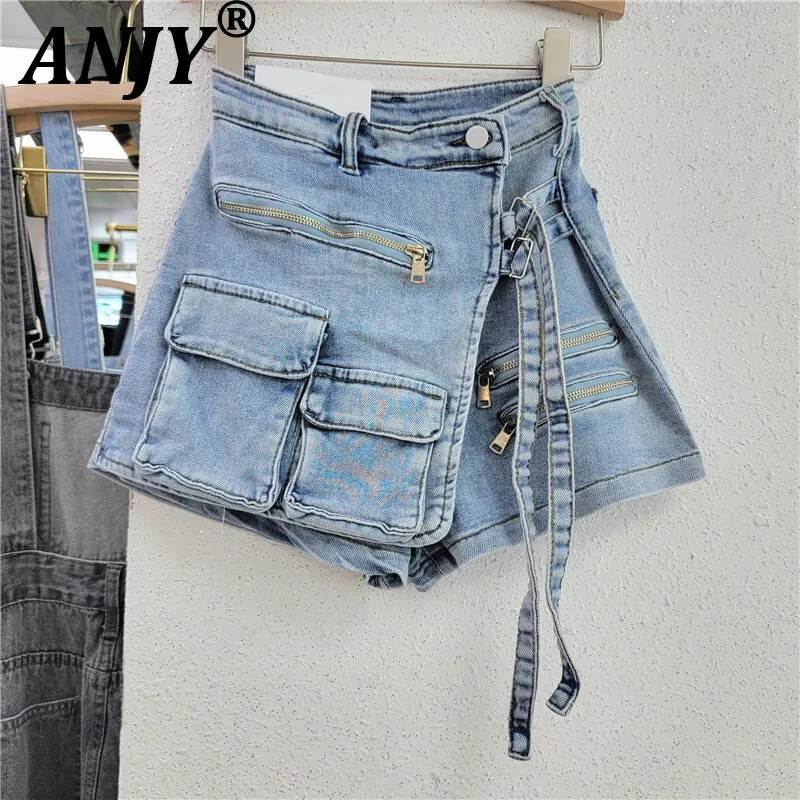 

ANJY Summer New Women's Korean Streetwear Trendy Asymmetric Multi-Pocket A-line Skirt Wide Leg Shorts Safari Style Culotte A7718