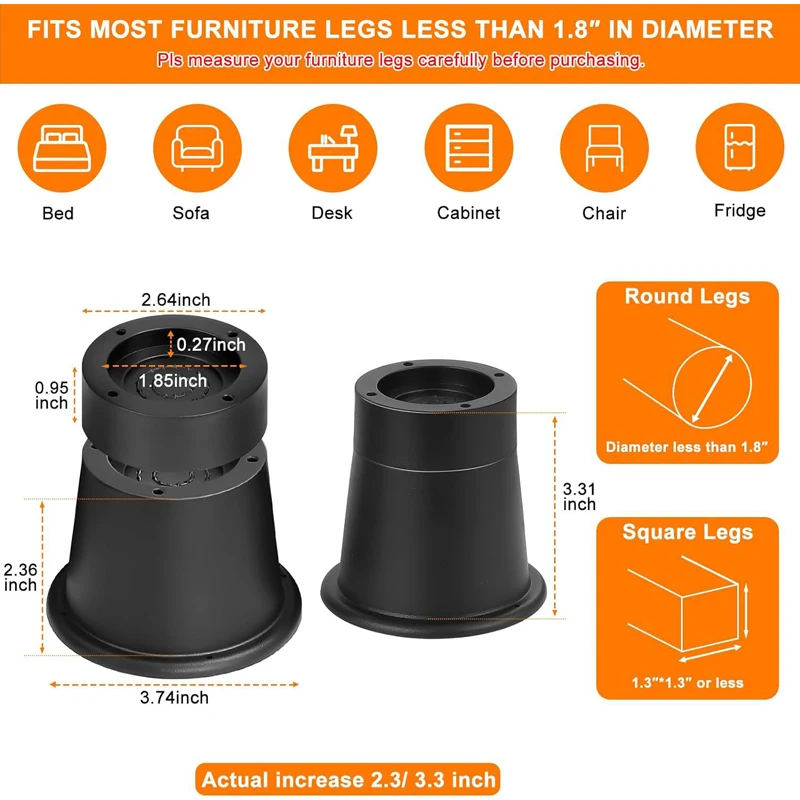 4pcs Furniture Risers Heavy Duty Bed Chair Table Heightening Foot Pad Non-slip Floor Protector Furniture Feet Leg Raiser Lift