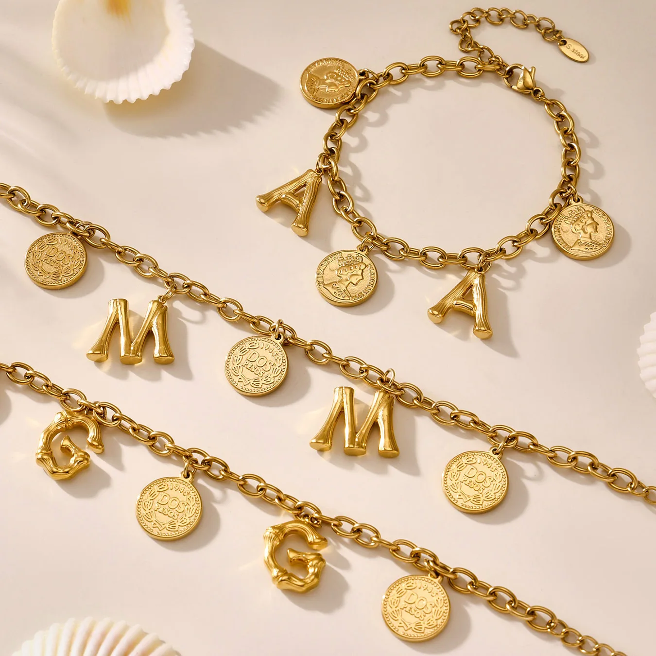

Personalized custom Stainless steel plated 18k gold bracelet 3D stamping 26 letters + round badge Daily Light retro style unisex