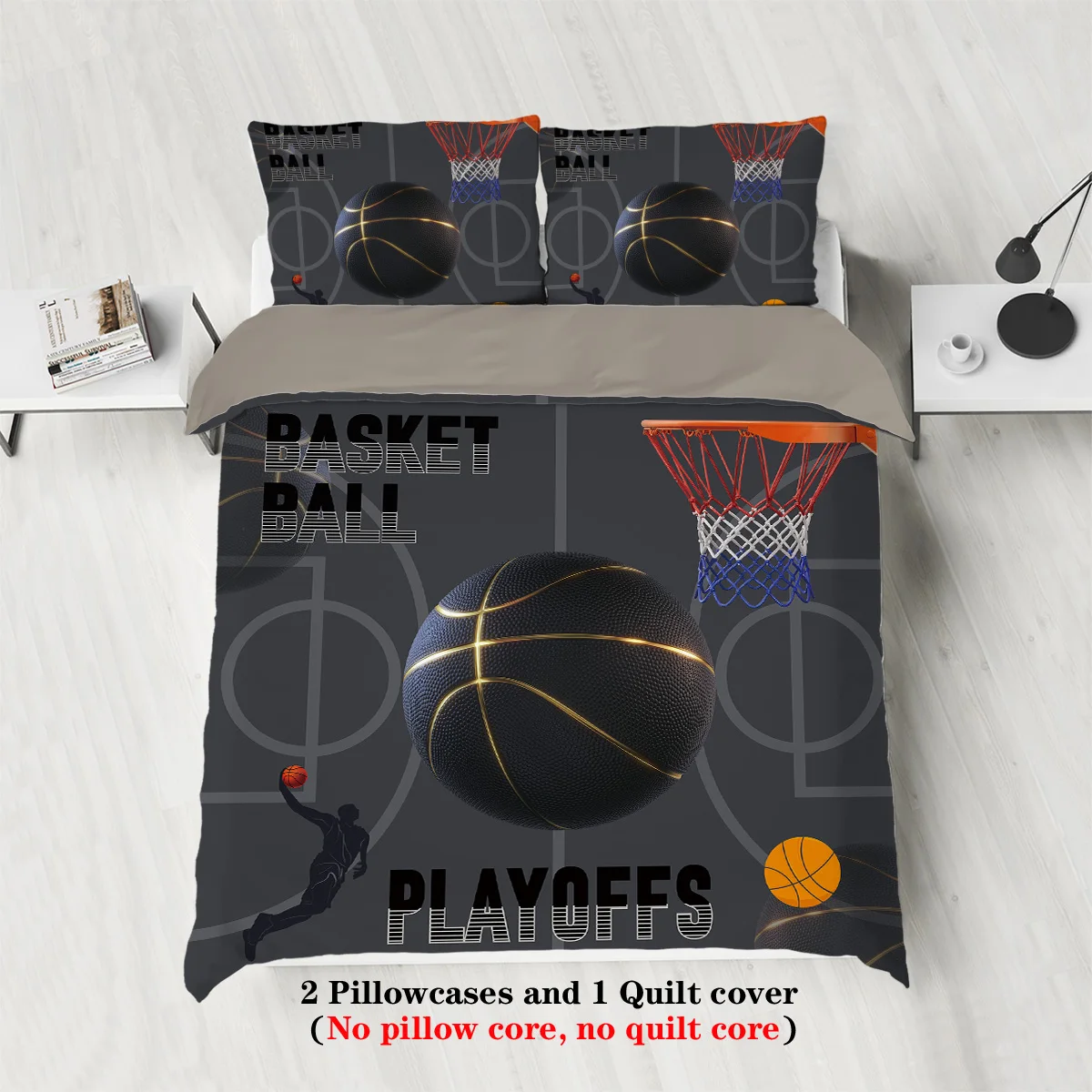 3pcs high-grade gray basketball theme print 1 quilt cover + 2 pillowcases, no filling, skin-friendly, anti-pilling, bedding set