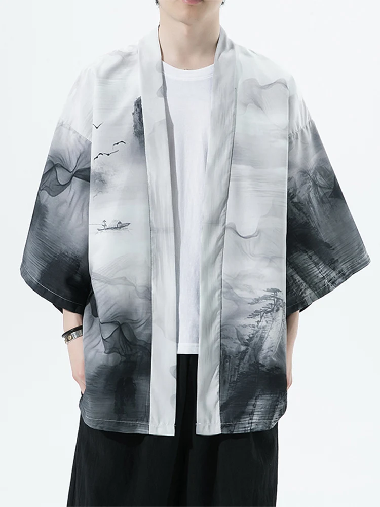 

Мужская летняя тонкая рубашка из ледяного шелка с эффектом водяного знака, в новом китайском стиле, свободного кроя, молодежная, трендовая, с двойным воротником, в стиле Ханьфу