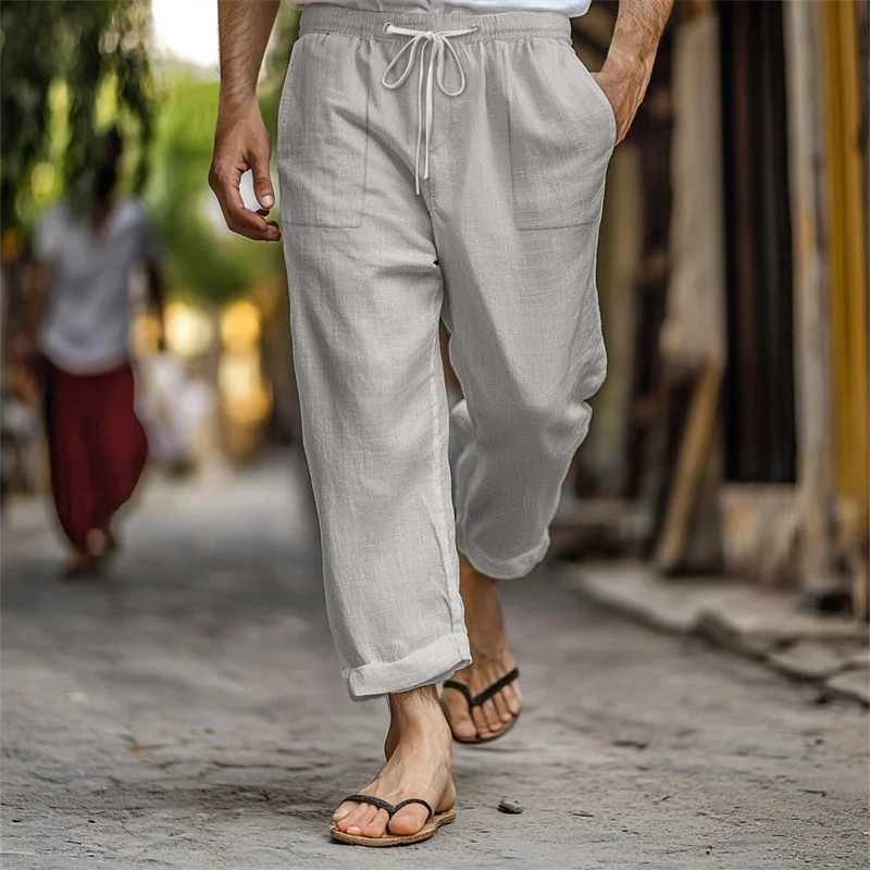 spring summer Men's Elastic waist drawstring Pocket Casual Linen Beach Pants Mens Breathable Trousers Loose straight-leg pants