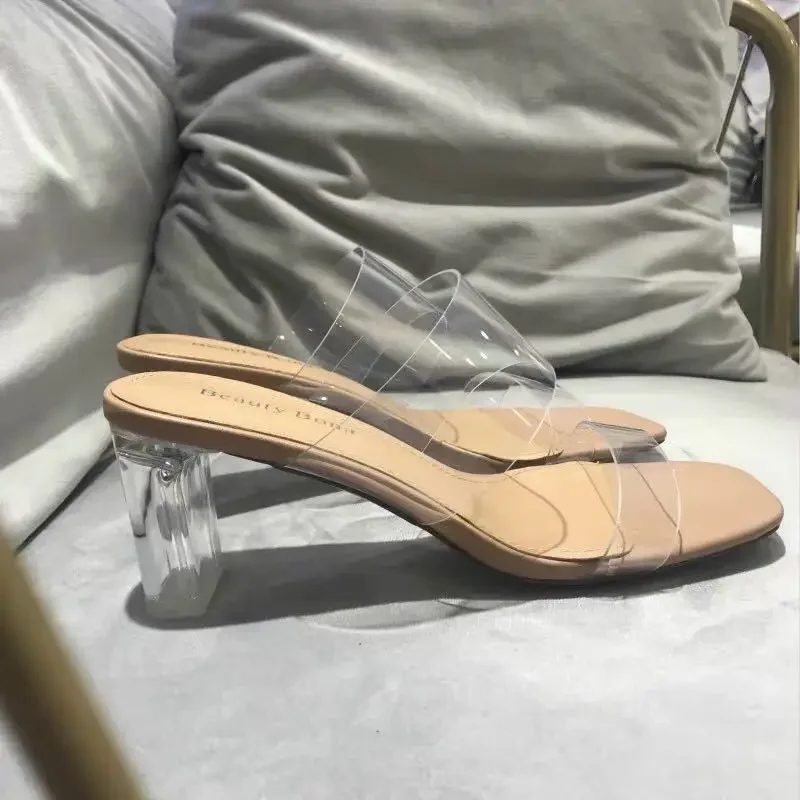 Fashion Summer Women Sandals Shoes Luxury Beach Ladies Clear Sandal Comfortable High Heels Woman Transparent Medium Heel New