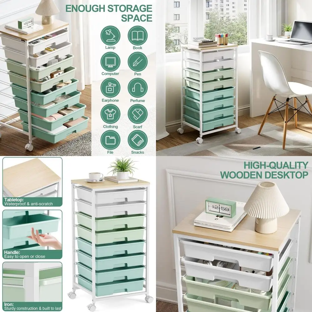 

Зеленая тележка для хранения с 8 ящиками и деревянной столешницей для организации класса и офиса