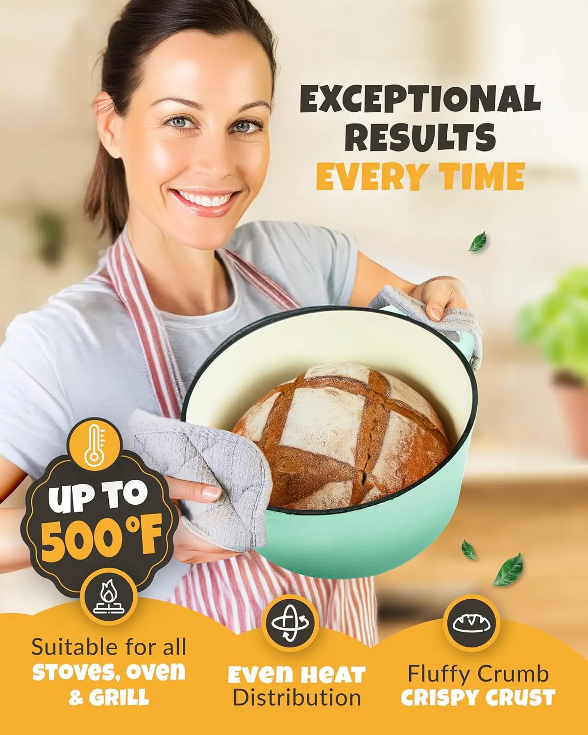 فرن هولندي لخبز الخبز - بما في ذلك. مستلزمات خبز العجين المخمر مثل سلة مقاومة الخبز Banneton - حديد الزهر المطلي بالمينا 5QT