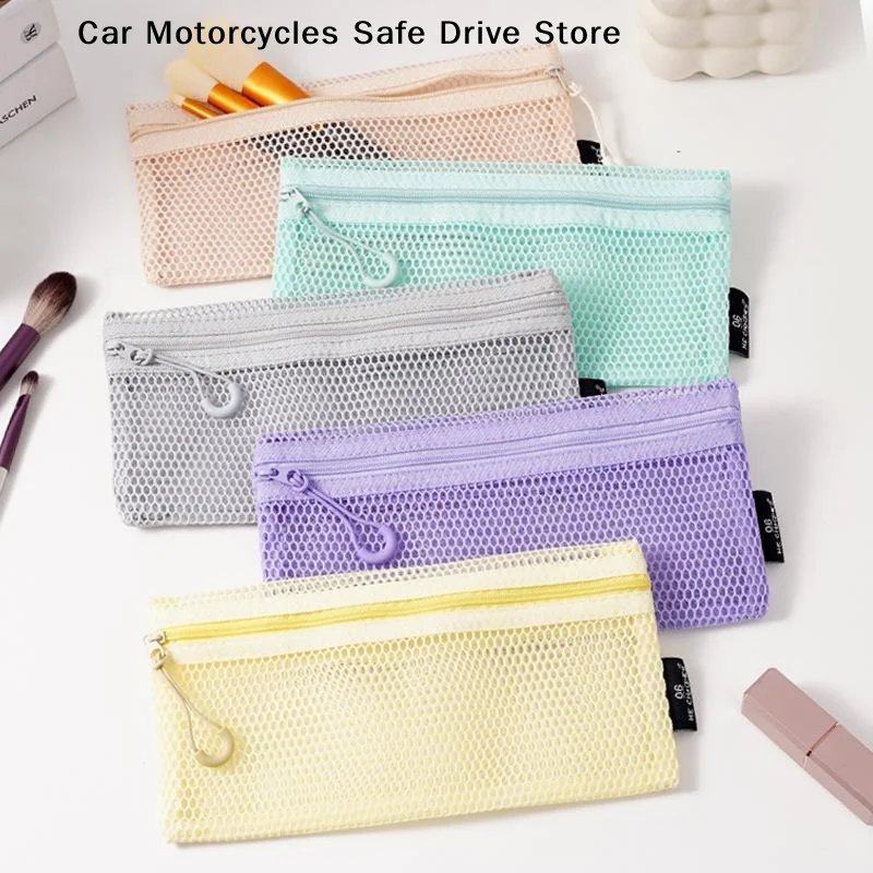 【M】Breathable Mesh Zipper Storage Pouch Visible Large Capacity For Makeup Brush Pencil Case Stationery Cosmetics Cables Travel