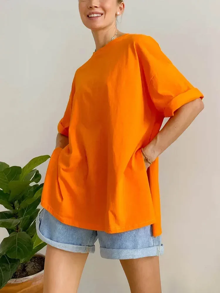 Summer Women\'s T-shirt Short Sleeve 100 % Cotton Oversized T-shirts Loose Casual O Neck Solid Blue Orange Tees Clothes for Women