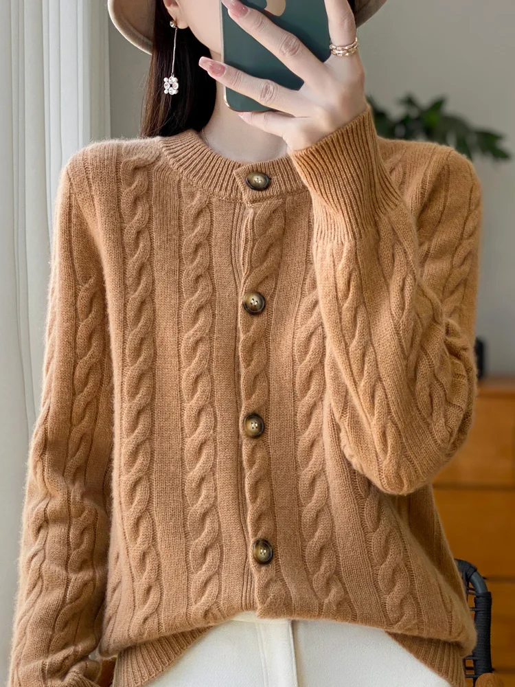 Women Preppy Style Cable Knitting Cardigan Autumn Winter O-neck Long Sleeve Cashmere Sweater Thick Soft 100% Merino Wool Knitted