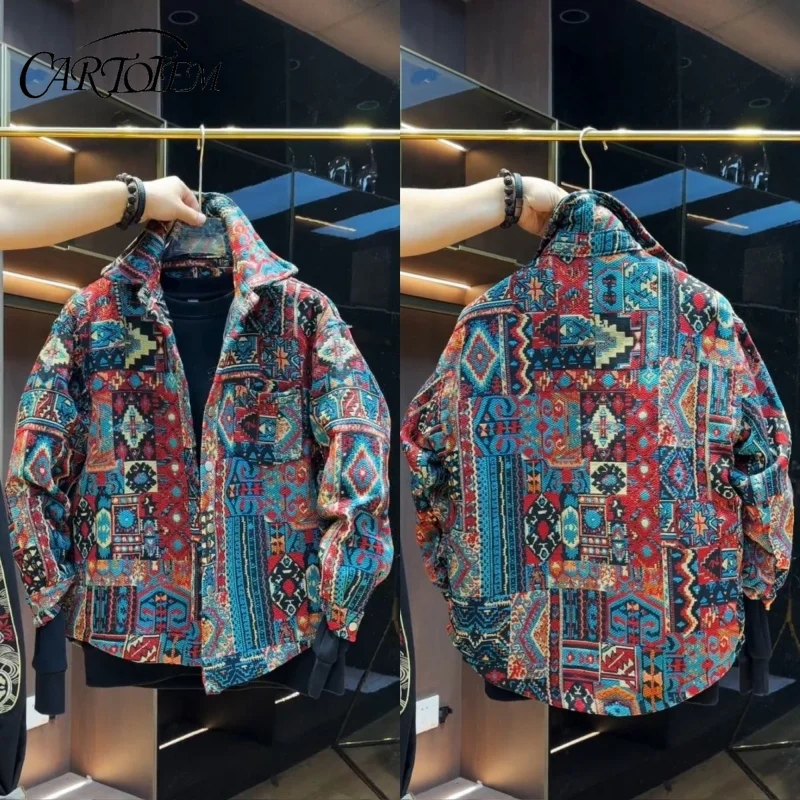 

Весенняя новая мужская жаккардовая цветная тканая рубашка в этническом стиле, модная универсальная свободная повседневная куртка, куртка