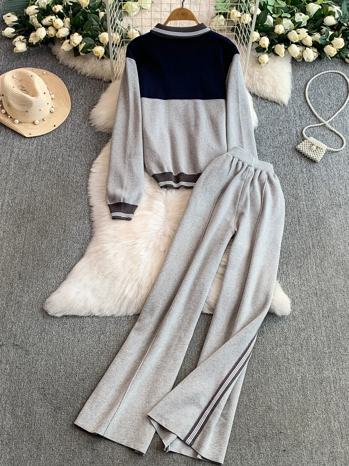 Set Rajutan Kasual Dua Potong untuk Wanita Musim Gugur Musim Dingin Desain Unik Kerah Ritsleting Warna Blo Sweatirt Pinggang Tinggi Slim Lebar ...