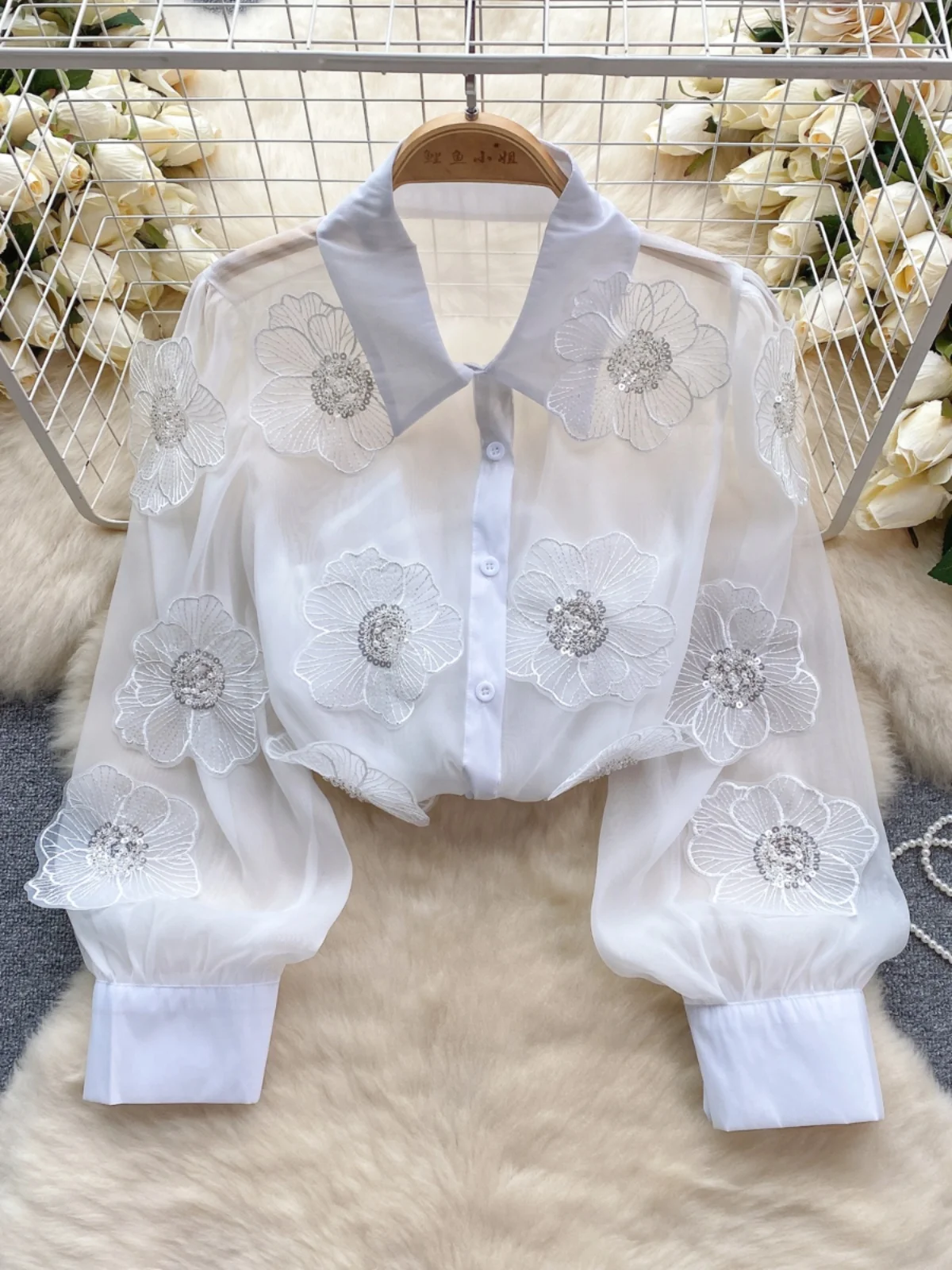 

Ele 3D Embroidered Beads irt Women Spring New Sle See-tough Me Top Heavy Work Fllouse Korean Sle Long Sve