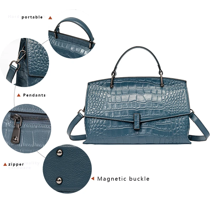 Light Luxury Crocodile Pattern Women\'s Handbag Fashionable and Versatile Mist Blue Cowhide Single Shoulder Crossbody Bag