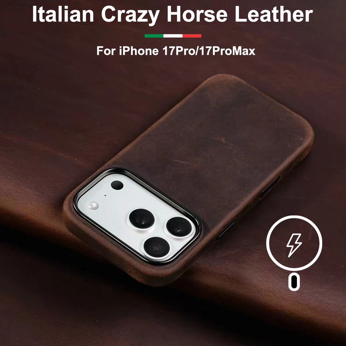 

Italian Crazy Horse Genuine Leather Case for iPhone 17 Pro Max 17Pro with MagSafe Magnetic Personality Cowhide Phone Back Cove