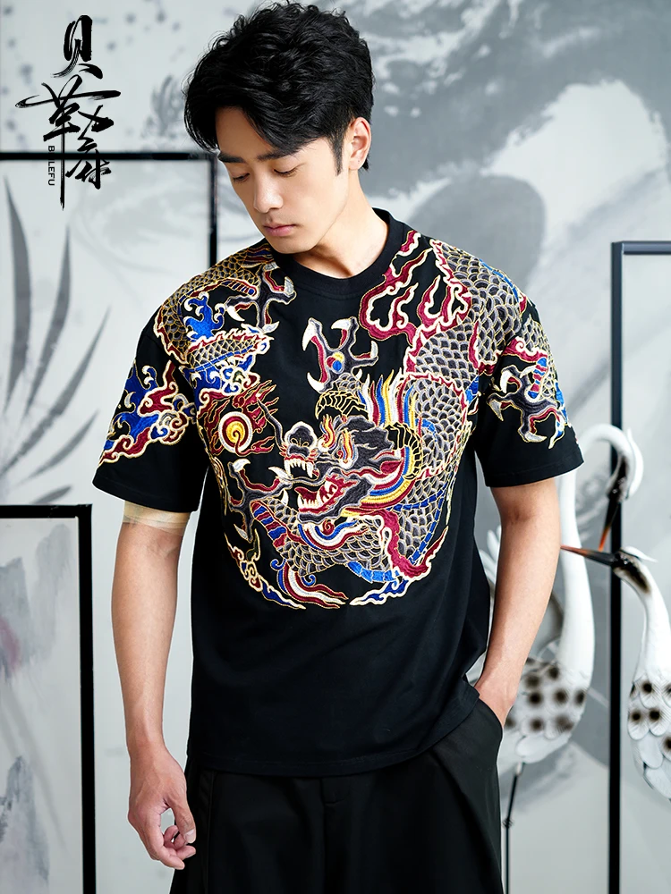 Chinese Style Heavy Embroidered Dragon Robe T-shirt Summer Trendy Short-sleeved Top Black Plus Size