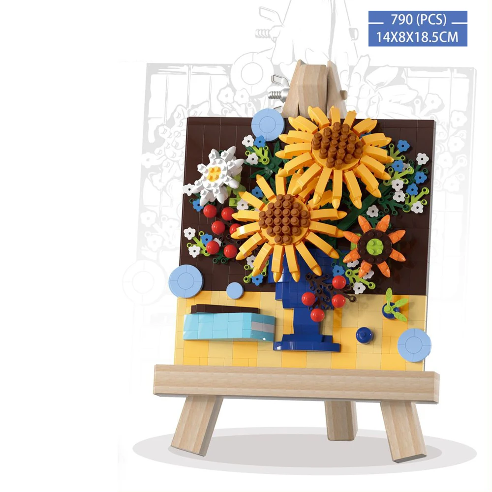 Bouw Idee Kunst Bloem 3d Schilderij Bouwstenen Met Houten Ezel Micro Diamant Blok Speelgoed Voor Meisjes Desktop Decoratie