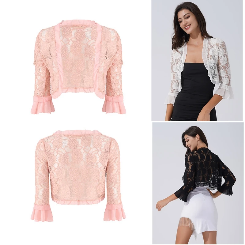 Womens Cardigan Elegant Half Sleeve Bolero Ruffle Open Floral Lace Shrug Shawl Wraps for Wedding Party Evening Dresses Cover Ups