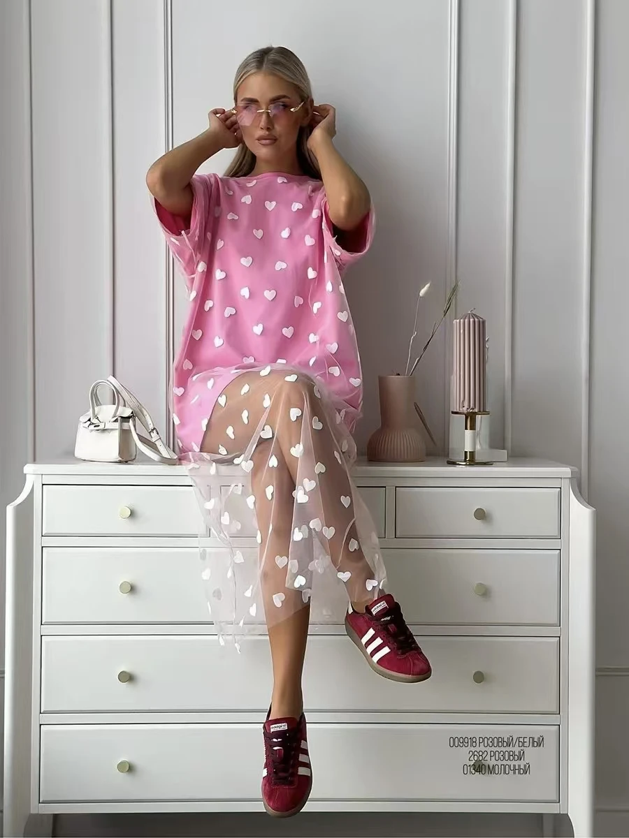 Sexy coeur m'appelle épissure t-shirt Dr femmes été longue Sve ronde Ne a-ligne jupe Sle décontracté confortable Dr