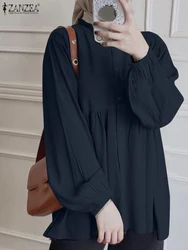 Moda ZANZEA muzułmańskie bluzki Femme jednokolorowe bluzki z długim rękawem Casual luźna koszula Ruffles Hem islamska odzież Abaya Kaftan