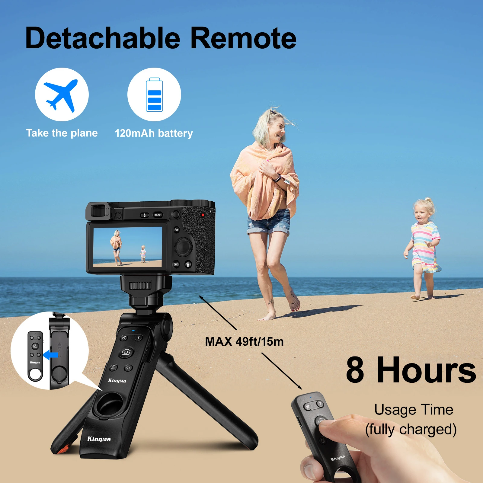 حامل ثلاثي القوائم بمقبض كاميرا بلوتوث KingMa + جهاز تحكم عن بعد قابل للفصل - مثبت Selfie/Vlog لهاتف Sony ZV-E10 Canon R5 Nikon Z30 Fujifilm XT5