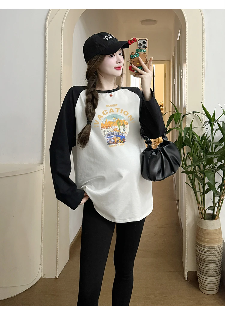 Korean Style Batwing Sleeve Maternity Cotton Shirts Long Sleeve O-Neck Pregnant Woman Blouses Irregular T-Shirts Tees and Tops