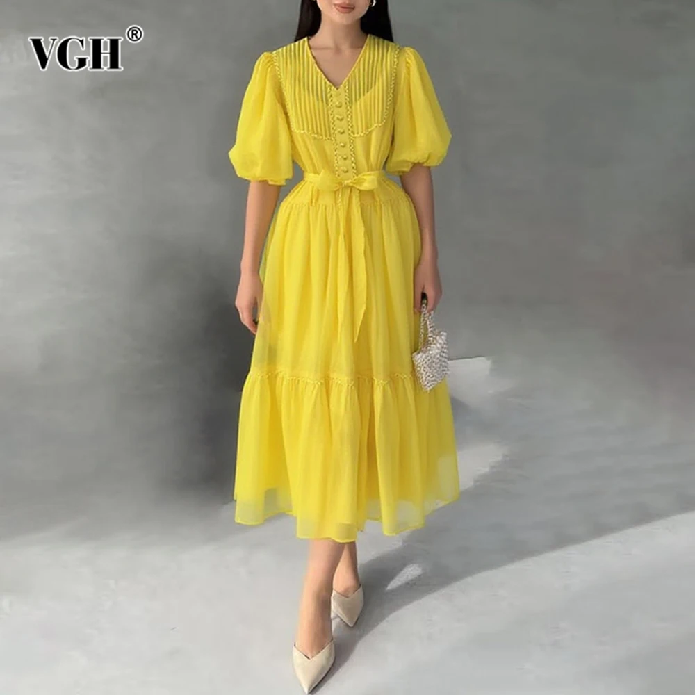 

VGH Summer Spliced Button Party Elegant Dress for Women V Neck Short Sleeve High Waist Patchwork Lace Up Mid Dresses Female New